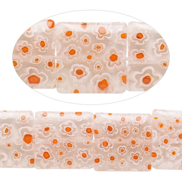 Bead, millefiori glass, translucent clear / white / red, 14mm puffed square with 0.6-0.8mm hole. Sold per 15-inch strand. image number 0