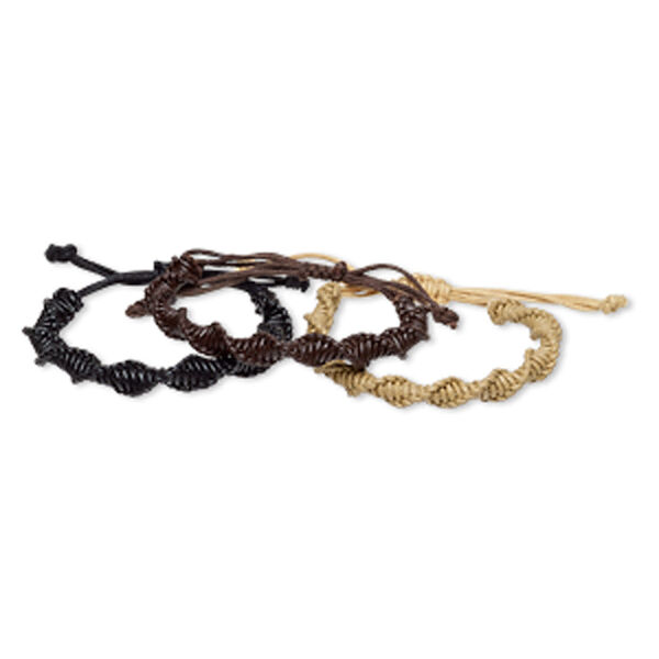 Bracelet, leather (dyed), black / brown / natural, 8mm wide twisted braid, adjustable from 5-8 inches with macramé knot closure. Sold per pkg of 3. image number 0