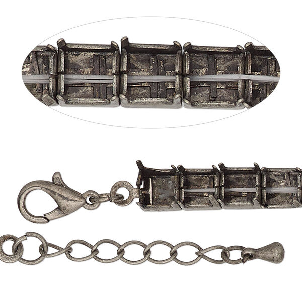 Bracelet component, antique silver-finished brass and steel, 6mm wide cupchain with (30) SS29 rivoli settings, 8 inches with 1-inch extender chain and lobster claw clasp. Sold individually. image number 0