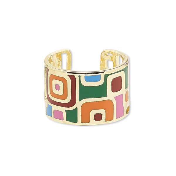 Ring, Avant-Garde Jewelry Collection, enamel and gold-plated brass, multicolored, 14mm wide with cutout and geometric design, adjustable. Sold individually. image number 0