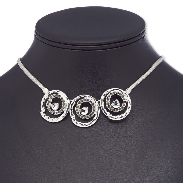 Necklace, glass rhinestone / glass / silver-plated brass / steel / "pewter" (zinc-based alloy), black and clear, 26mm round, 16 inches with 2-inch extender chain and lobster claw clasp. Sold individually. image number 0