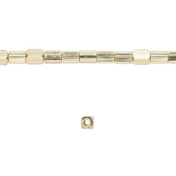 Bead, brass-finished "pewter" (zinc-based alloy), 4x3mm rounded cube. Sold per 8-inch strand. image number 0