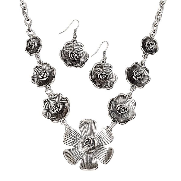 Necklace / bracelet / earring, antiqued silver-finished steel and "pewter" (zinc-based alloy), 14-40mm graduated flower, 18-inch necklace with 3-inch extender chain and lobster claw clasp, 7-1/2 inch bracelet with 3-inch extender and lobster claw clasp, 41x23mm earrings with fishhook ear wire. Sold per set. image number 0