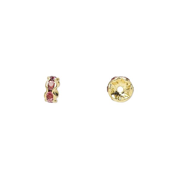 Bead, glass rhinestone and gold-finished brass, rose, 5x2mm rondelle. Sold per pkg of 10. image number 0