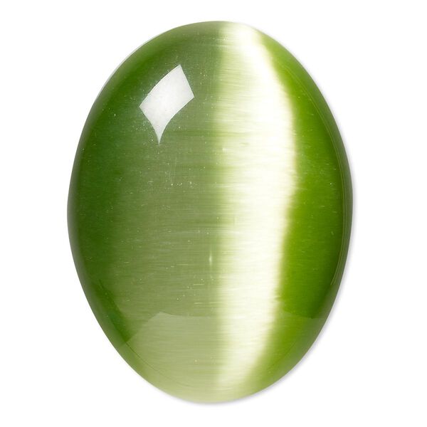 Cabochon, cat's eye glass (fiber optic glass), light green, 40x30mm calibrated oval, quality grade. Sold individually. image number 0