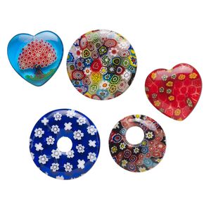 Drop and focal mix, millefiori glass, multicolored, 19x19mm-30x20mm mixed shapes. Sold per pkg of 5.