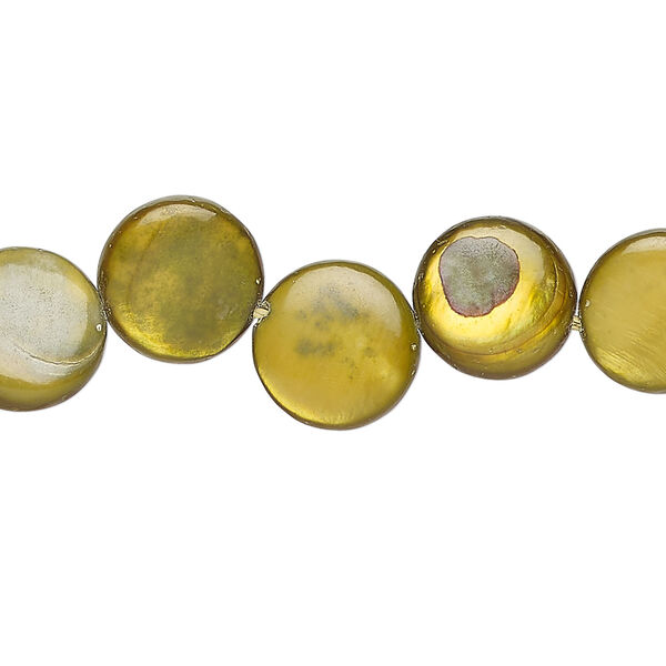 Mother-of-pearl shell 1pkg1, puffed flat round bead 15 inch golden olive 10-11mm image number 0