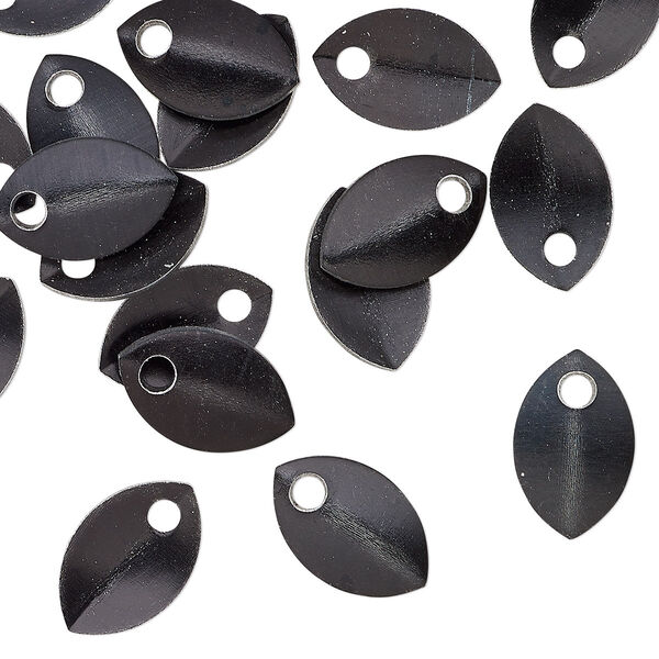 Component, anodized aluminum, black, 11x7mm 2-sided curved scale blank with 1.5mm hole, 20 gauge. Sold per pkg of 20. image number 0