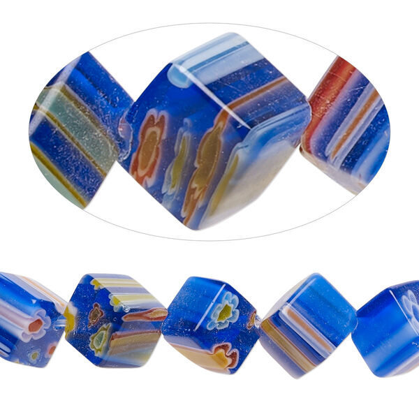 Bead, millefiori glass, translucent cobalt blue and multicolored, 8mm diagonally-drilled cube. Sold per 15-inch strand, approximately 40 beads. image number 0