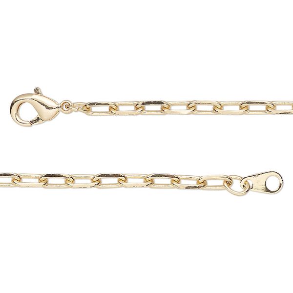 Chain, gold-finished brass, 3mm paperclip, 36 inches with lobster claw clasp. Sold individually. image number 0
