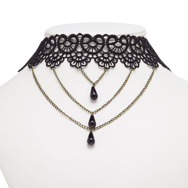 Necklace, choker, nylon lace / acrylic / antique brass-plated steel / "pewter" (zinc-based alloy), black, 35mm wide with teardrop, 16 inches with 2-inch extender chain and lobster claw clasp. Sold individually. image number 0