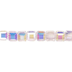 Bead 1pk 18 facets translucent pink AB, Celestial Crystal® 6mm cube 15.5-16 inch