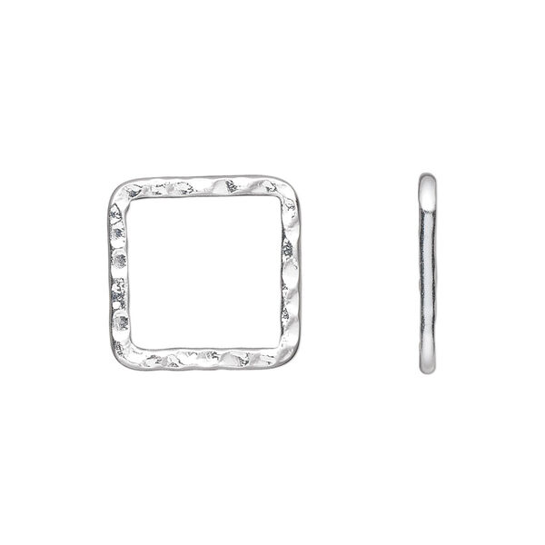 Component, silver-plated steel, 16x16mm double-sided hammered open square. Sold per pkg of 10. image number 0