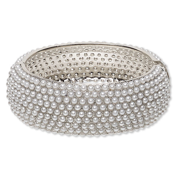 Bracelet, hinged bangle, acrylic with imitation rhodium-finished steel and "pewter" (zinc-based alloy), grey, 26mm wide, 7-1/2 inches with magnetic clasp. Sold individually. image number 0