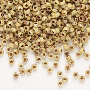 Seed bead, Miyuki, glass, pkg/50g, #8 rocaille, opaque Picasso yellow, (RR-4512).