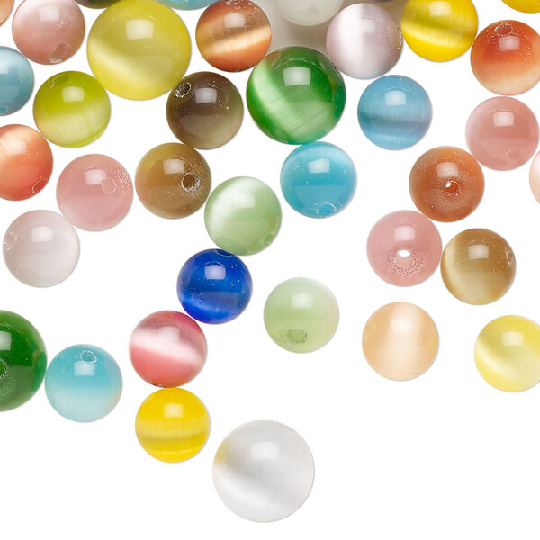 Bead mix, cat's eye glass (fiber optic glass), opaque mixed colors, 6-10mm round. Sold per 2-ounce pkg, approximately 140 beads. image number 0