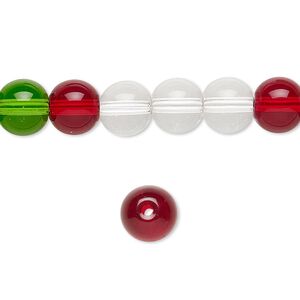 Bead, glass, transparent Christmas tones, 7-8mm round. Sold per 36-inch strand.