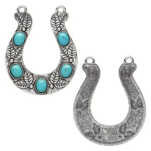 Connector, "turquoise" (resin) (imitation) and antique silver-finished "pewter" (zinc-based alloy), turquoise blue, 60x52mm single-sided horseshoe with leaf design. Sold individually.