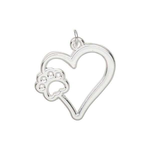 Charm, silver-finished "pewter" (zinc-based alloy) and steel, 24x22mm single-sided heart with paw cutout design. Sold per pkg of 4. image number 0