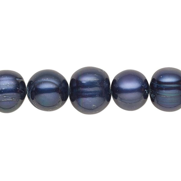 Pearl, cultured freshwater (dyed), dark blue, 8-10mm semi-round with 0.4mm hole, C grade, Mohs hardness 2-1/2 to 4. Sold per 15-inch strand. image number 0