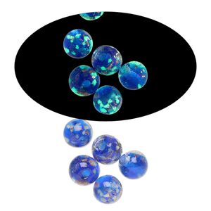 Bead, lampworked glass, clear / cobalt blue / glow-in-the-dark / gold, 6mm round. Sold per pkg of 6.
