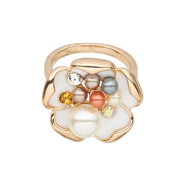 Ring, crystals / Czech glass rhinestone / acrylic pearl / epoxy / antique gold-finished "pewter" (zinc-based alloy), multicolored, 24x23mm flower, size 8. Sold individually. image number 0