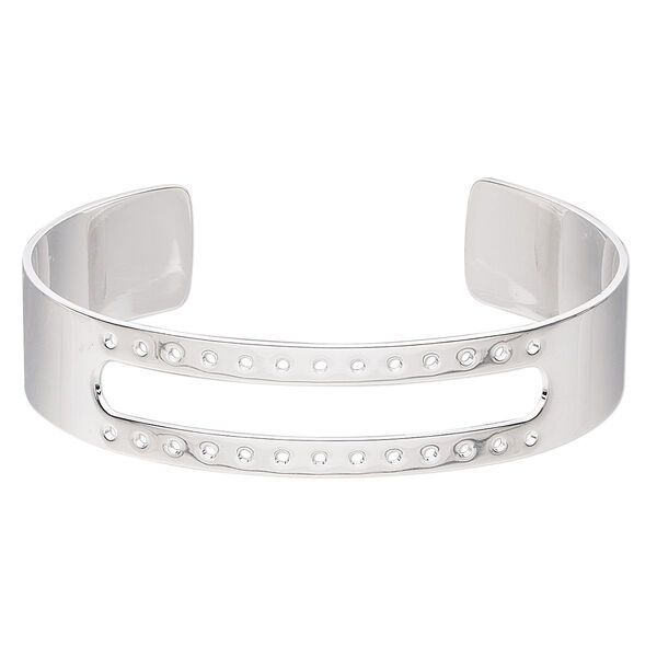 Bracelet component, cuff, silver-plated brass, 1/2 inch wide with 46x6mm open rectangle and 26 holes, adjustable from 6-1/2 to 7-1/2 inches. Sold individually. image number 0