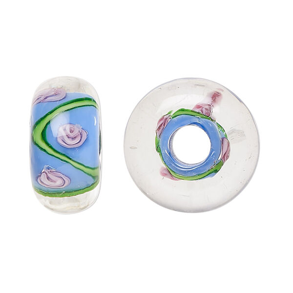 Bead, lampworked glass, multicolored, 20x10mm rondelle with flowers and leaves design. Sold per pkg of 2. image number 0