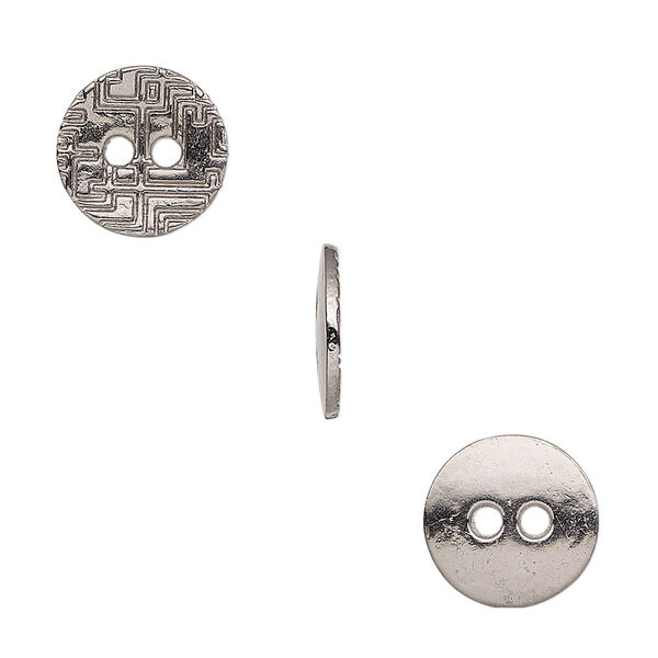 Button, gunmetal-finished "pewter" (zinc-based alloy), 12mm single-sided flat round with geometric design. Sold per pkg of 50. image number 0