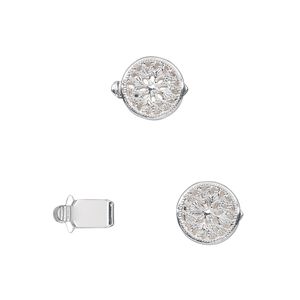 Clasp tab 1pkg100 silver-plated, 9mm filigree round, brass 1-strand