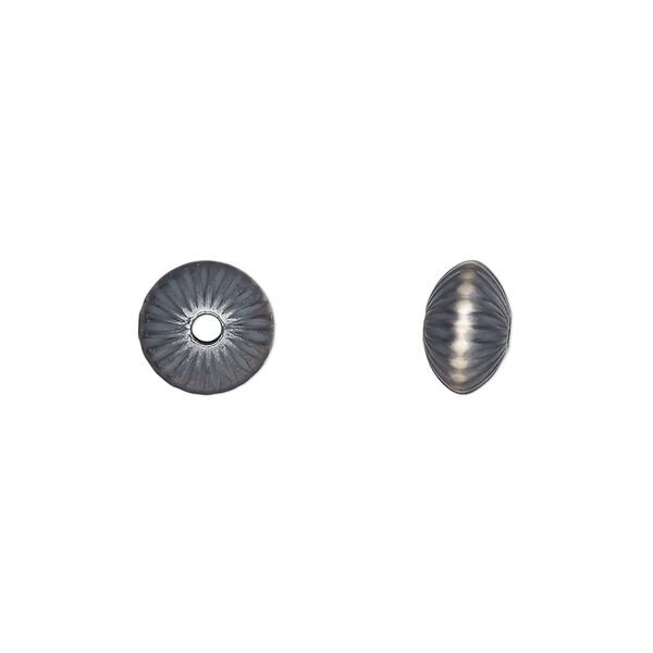 Bead, Navajo pearl style, brushed oxidized sterling silver, 9 x 5.5mm corrugated saucer. Sold individually. image number 0