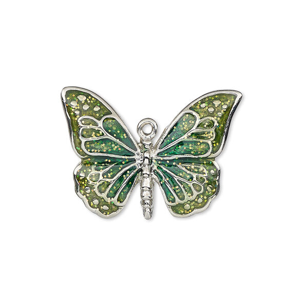 Charm, enamel and imitation rhodium-plated "pewter" (zinc-based alloy), green and light green with glitter, 26x19mm single-sided butterfly. Sold individually. image number 0