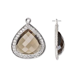 Drop, smoky quartz (heated / irradiated) / white topaz (natural) / sterling silver, 20x20mm single-sided faceted teardrop. Sold individually.