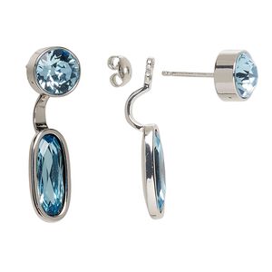 Earring, Everyday Jewelry™, Crystal Passions® and silver-plated "pewter", aquamarine, 32mm ear jacket with faceted round and oval. Sold per pair.