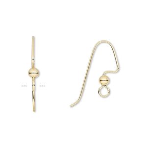 Ear wire fishhook 1pkg10 gold-plated, 18mm angular / 3mm ball / perfect balance / open loop, 22 gauge brass 5 pair