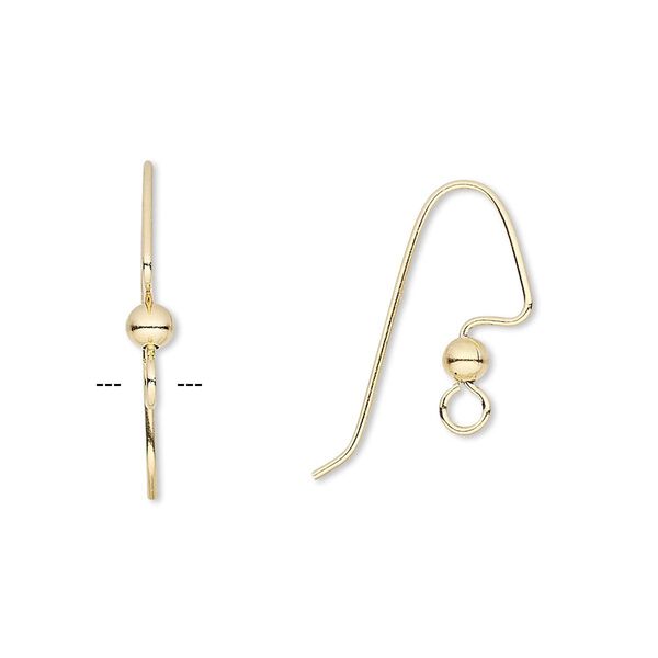 Ear wire fishhook 1pkg10 gold-plated, 18mm angular / 3mm ball / perfect balance / open loop, 22 gauge brass 5 pair image number 0
