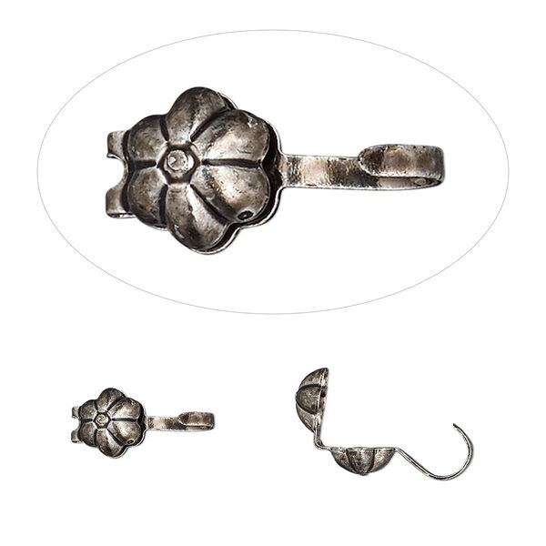 Bead tip, Hot Tips®, antique silver-plated brass, 8x5mm bottom clamp-on flower with open loop. Sold per pkg of 100. image number 0