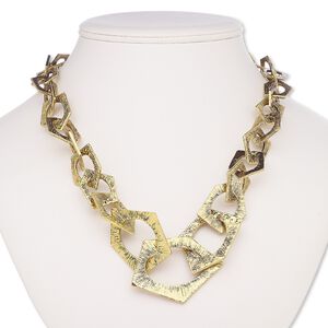 Necklace, antique gold-coated plastic / antique gold-finished steel / brass / "pewter" (zinc-based alloy), 23x18mm-53x38mm graduated textured pentagon, 20 inches with 1-1/2 inch extender chain and lobster claw clasp. Sold individually.