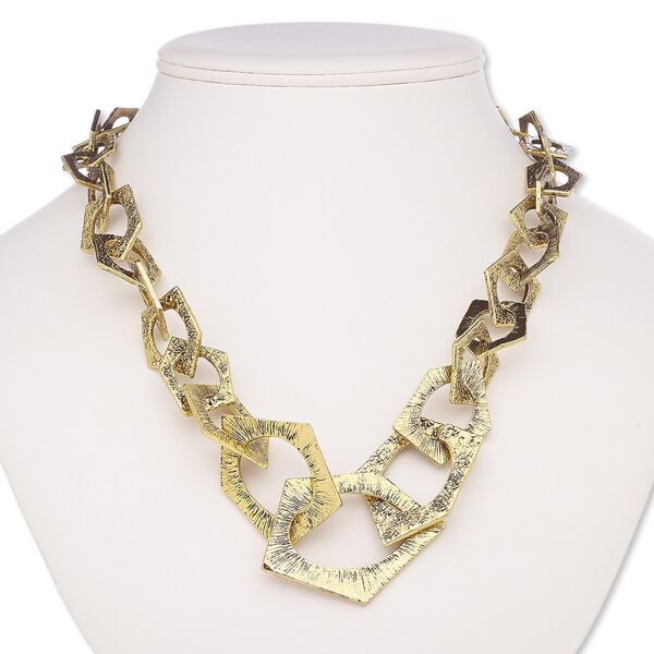 Necklace, antique gold-coated plastic / antique gold-finished steel / brass / "pewter" (zinc-based alloy), 23x18mm-53x38mm graduated textured pentagon, 20 inches with 1-1/2 inch extender chain and lobster claw clasp. Sold individually. image number 0