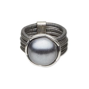 Ring, 5-strand, leather (dyed) / acrylic pearl / silver-plated "pewter" (zinc-based alloy), silver and dark grey, 15mm round, size 8. Sold individually.
