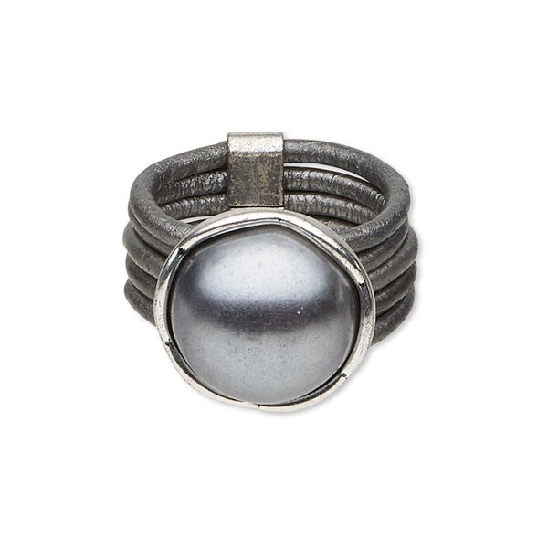 Ring, 5-strand, leather (dyed) / acrylic pearl / silver-plated "pewter" (zinc-based alloy), silver and dark grey, 15mm round, size 8. Sold individually. image number 0
