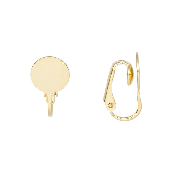 Earring, clip-on, gold-plated steel, 19mm hinged with 10mm round flat pad. Sold per pkg of 5 pairs. image number 0