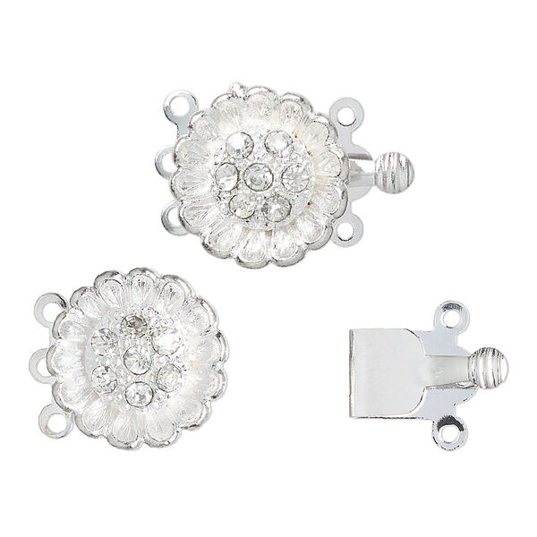 Clasp, 3-strand tab, silver-finished "pewter" (zinc-based alloy) and glass, clear, 15mm daisy. Sold per pkg of 2. image number 0
