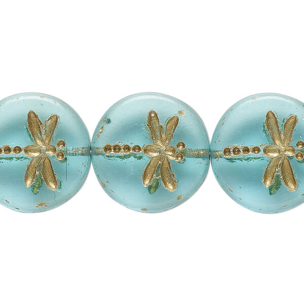 Bead, Preciosa, Czech pressed glass, translucent aqua blue, 17mm flat round with gold-painted dragonfly. Sold per pkg of 12. image number 0