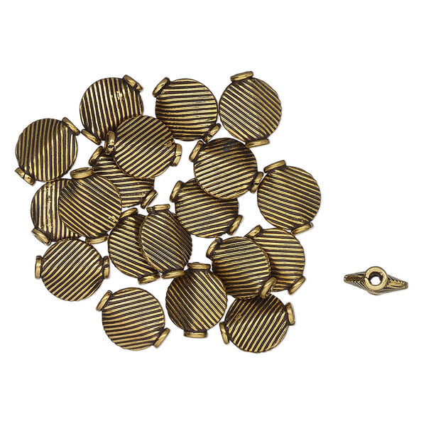 Bead, antique gold-finished "pewter" (zinc-based alloy), 11x10mm textured puffed flat round. Sold per pkg of 20. image number 0