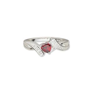 Ring, garnet (natural) / cubic zirconia / sterling silver, clear, 9mm wide with 5x5mm faceted heart, size 7. Sold individually.
