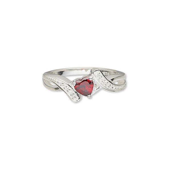 Ring, garnet (natural) / cubic zirconia / sterling silver, clear, 9mm wide with 5x5mm faceted heart, size 7. Sold individually. image number 0