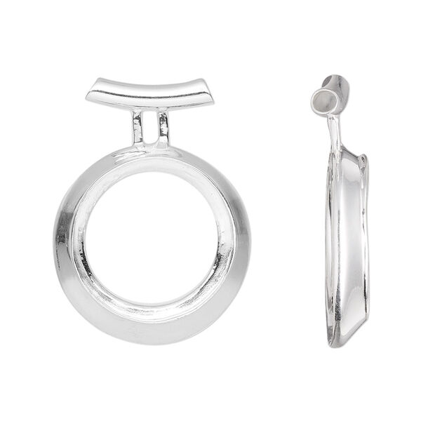 Pendant, Almost Instant Jewelry®, sterling silver, 27.5x20.5mm round with open back and 16mm rivoli setting with tube bail. Sold individually. image number 0