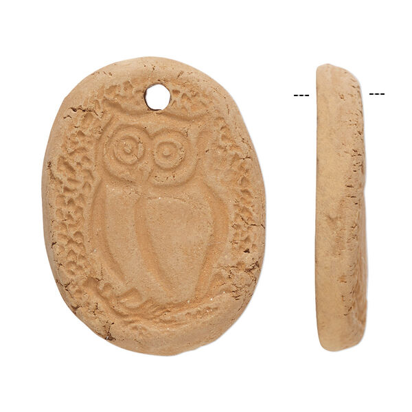Focal, terra cotta, 30x21mm-32x24mm single-sided flat oval with owl design. Sold per pkg of 2. image number 0