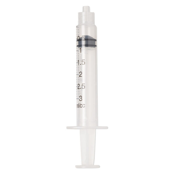 Syringe, plastic, clear and black, 3-1/5 x 9/10 inch, holds up to 3mL. Sold per pkg of 20. image number 0